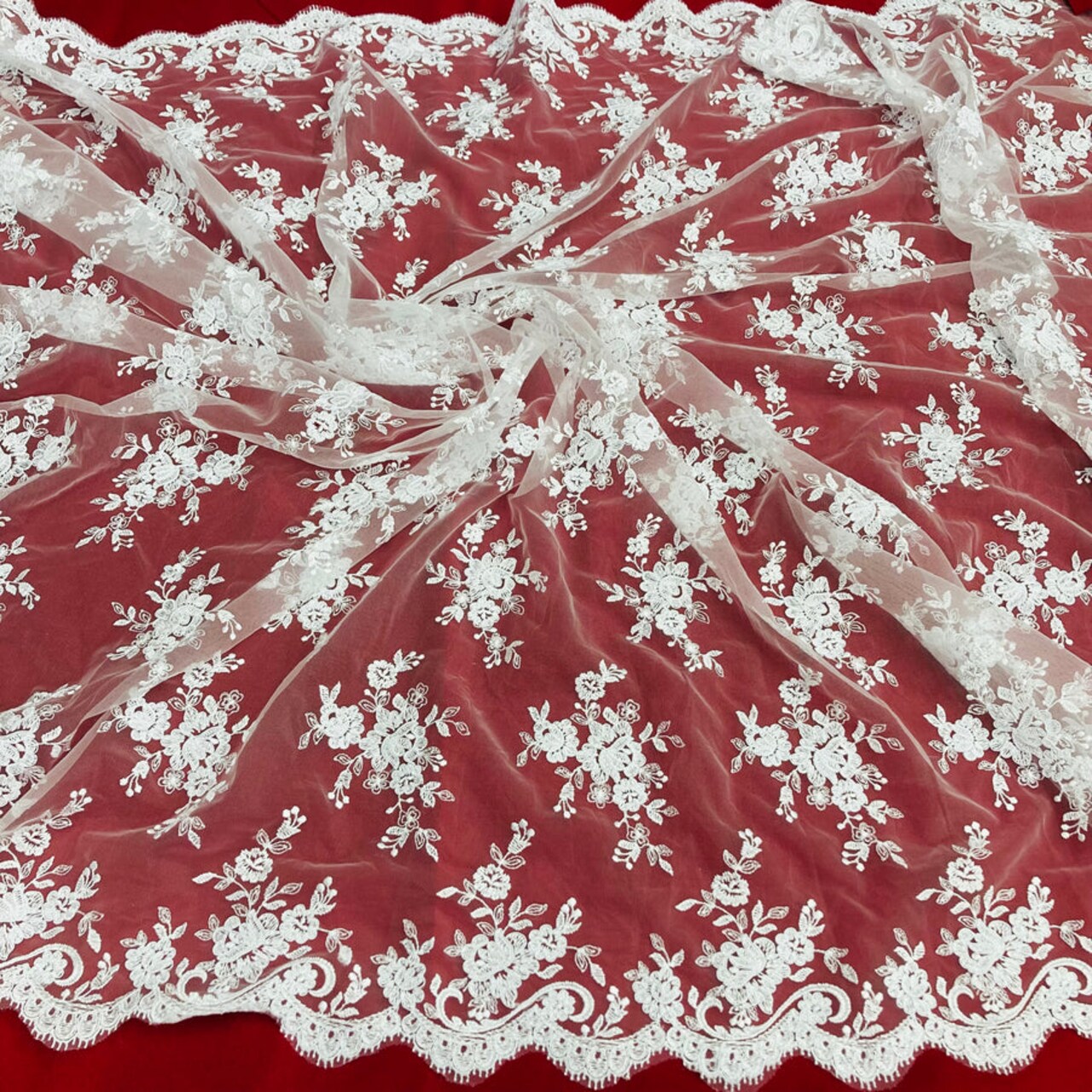 1 Yard Corded Bridal Lace Fabric Embroidered on 100% Polyester Net Mesh - Ivory with Silver - 56"